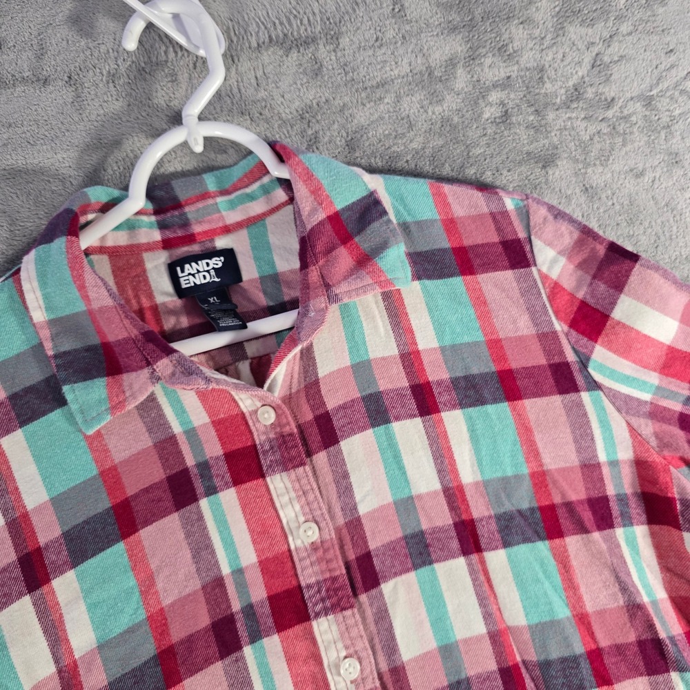 Lands'‎ End Flannel Shirt Plaid Button Down Long Sleeve Pink Blue XL